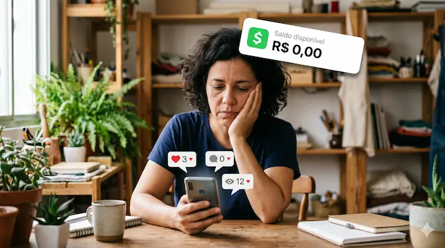 Mulher autônoma 40 a 55 anos, expressão determinada, segurando celular